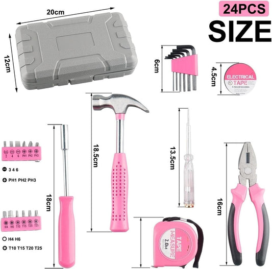 24pcs Home DIY Tool Kit for Household, Office & Garage - Repair Small Hand Tool Set with Storage Case Tool(Pink)