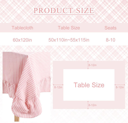 Moukeren 60 x 120 in Farmhouse Ruffle Striped Tablecloth, 100% Cotton Retro Washed Vintage Table Cover for Rectangle Dining Table, Decorative Rustic Tablecloth for Kitchen Party Wedding(Pink)