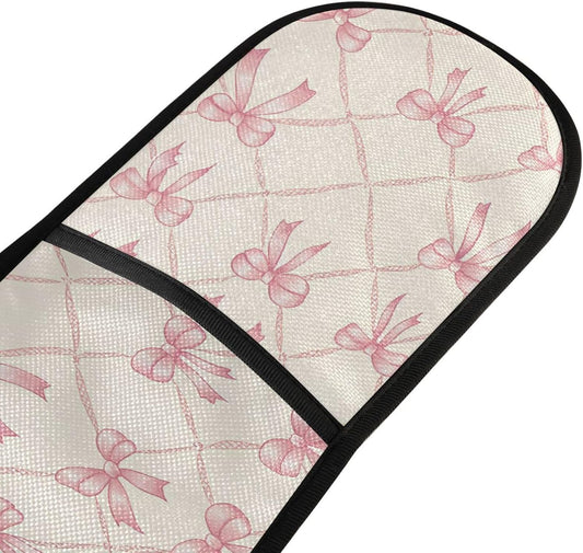 SUABO Double Oven Mitts for Handling Hot Pots 35"x7", Pink Bow Rhombus Plaid Pattern Heat Resistant Potholder for Kitchen Cooking Backing