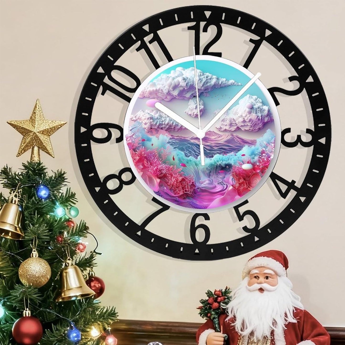 Metal Wall Clock for Living Room -10" Cloud Mountains Ocean Pink Coral Silent Non Ticking,Battery Operated, Antique Wood Clocks for Farmhouse,Dining Room,Bedroom,Kitchen Clock Wall Decor- Arabic Numer