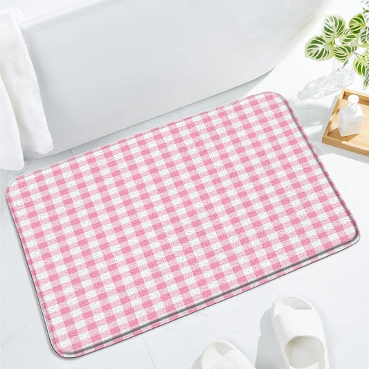 Pink White Bath Mat Buffalo Check Plaid Classic Gingham Farmhouse Checkered Vintage Grid Minimalist Simple Modern Bathroom Rug Floor Carpet, 19.7x31.5 Inch