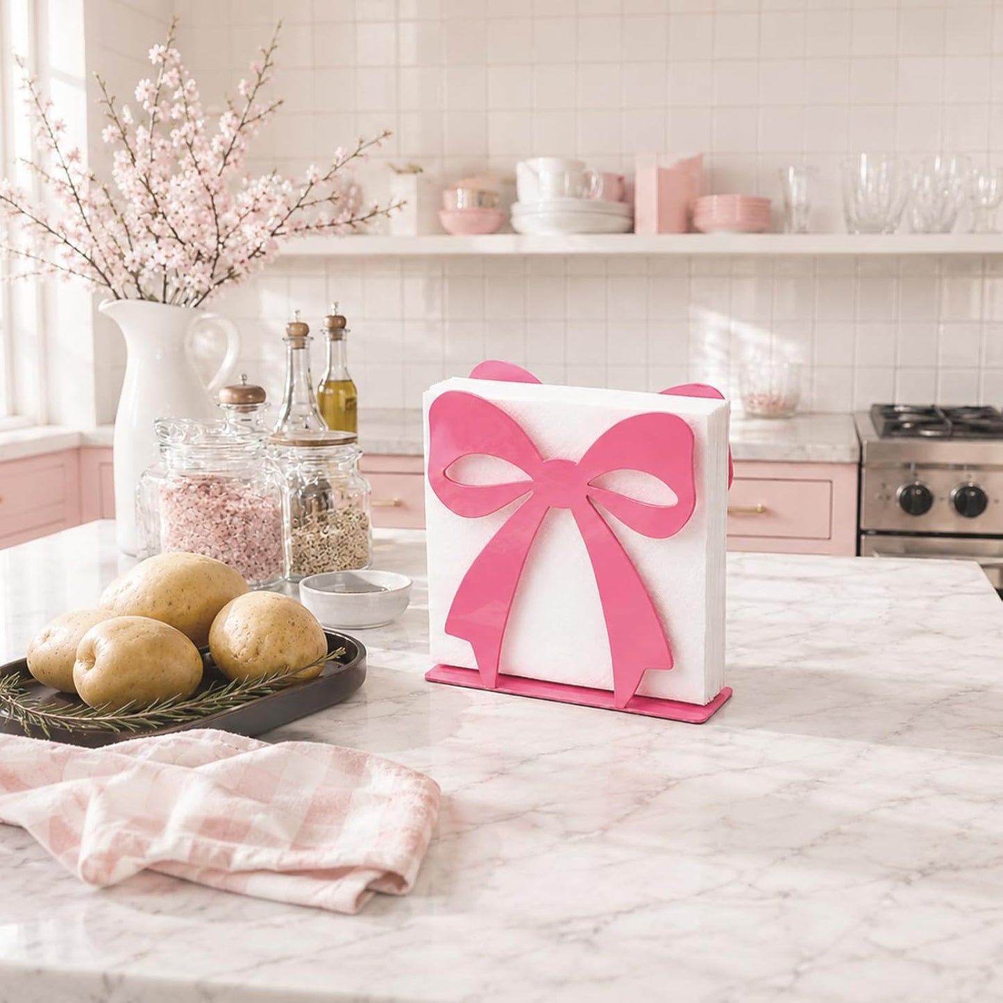 OYEFLY Pink Bow Napkin Holder Metal Tabletop Tissue Organizer for Wedding Baby Shower Birthday Party Dining Room Kitchen Decorations(Pink)