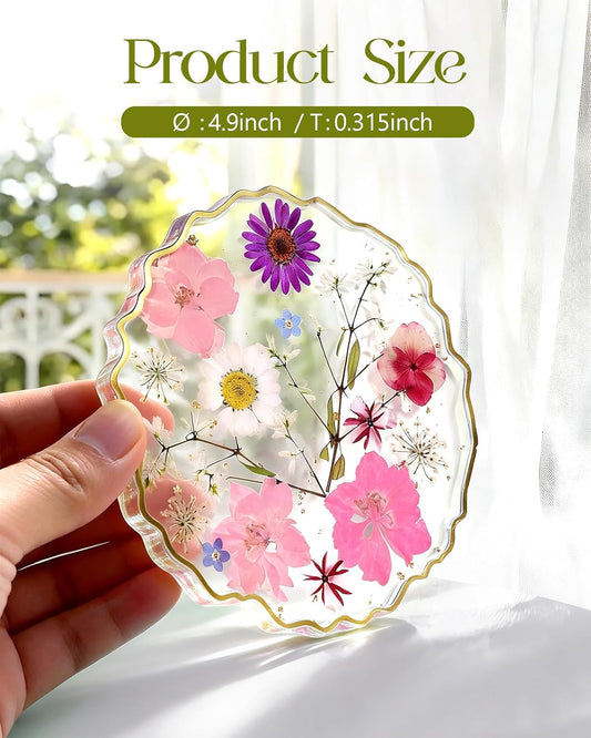 Oqplog Resin Drink Coaster for Desk Coffee Table-Pink White Cute Dried Flowers Cup Coaster for Work Office Home Outdoor Decor Gifts for Girls Women,1 Pcs Wave