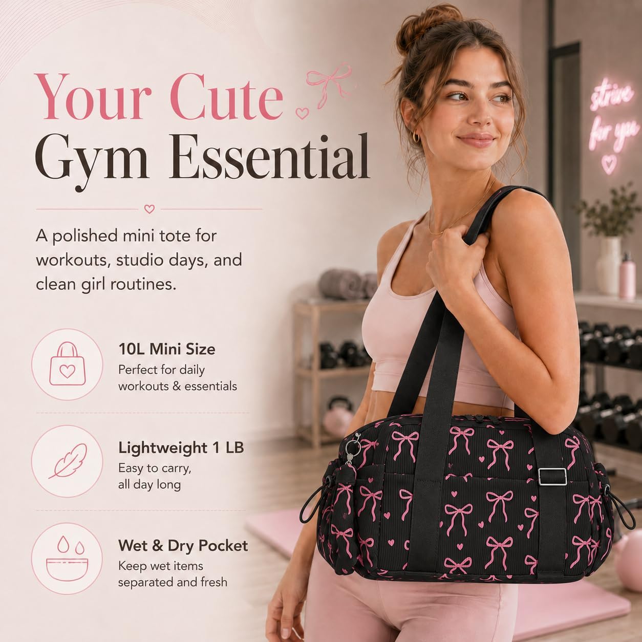 LOIDOU Aesthetic Dance Bag for Girls Corduroy Lightweight Bow Ballet Gymnastic Bag, Small Gym Bag for Women with Wet Dry Pocket, Cute Tote Bag Gifts for Birthday Christmas