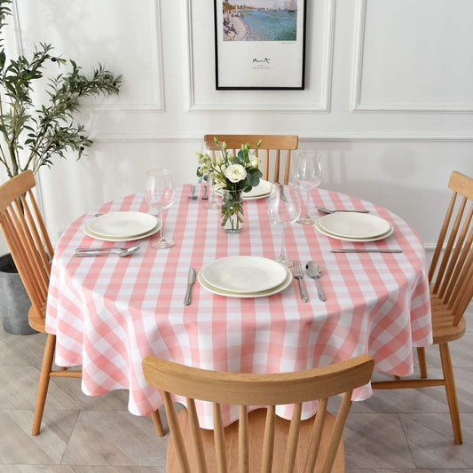 maxmill Round Checkered Tablecloth Spillproof Wrinkle Free Heavy Weight Gingham Table Cloth for Circular Table Cover Buffalo Plaid for Buffet Banquet Parties Holiday Dinner 70 Inch Pink and White