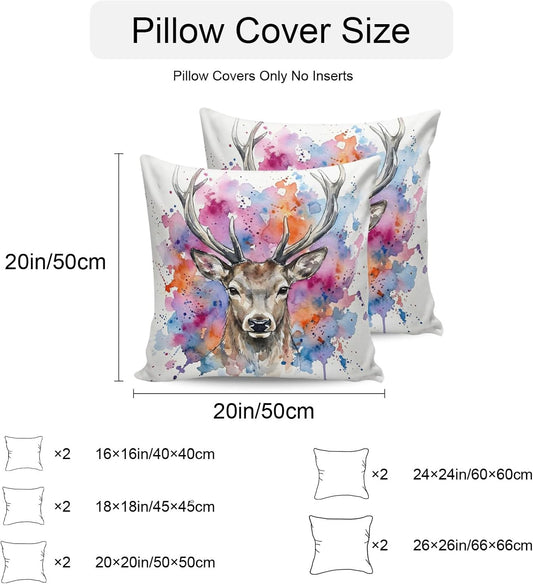 Elk Outdoor Pillow Covers 16x16 Inch Throw Pillow Covers Set of 2 Waterproof Decorative Pillow Cases Pink Purple Blue Watercolor Splashes Splatter Animal Cushion Covers for Patio Furniture Couch
