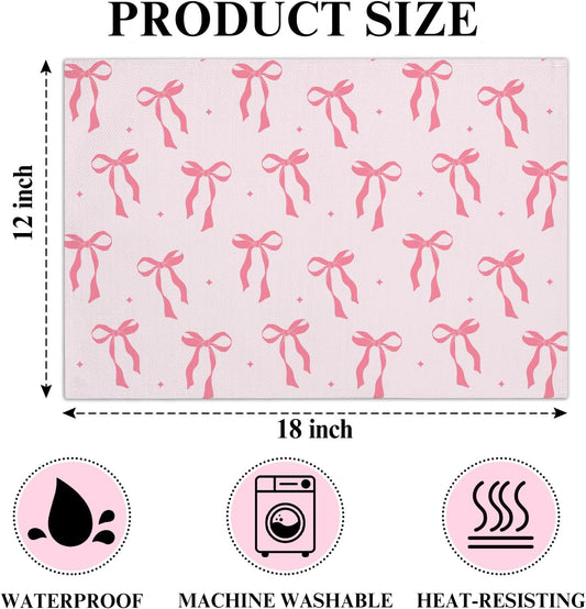 Pink Bow Cotton Linen Placemats Set of 4, 12x18 Table Mat for Family Dinners Wedding Parties Restaurant Kitchen Decoration, Waterproof Washable Heat Resistant Place Mats -a11