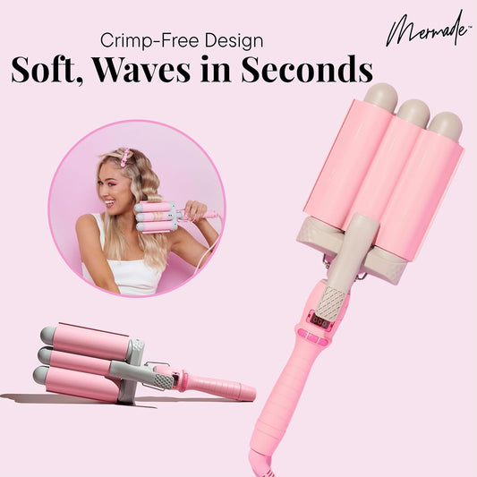 Mermade PRO Hair Waver 1.25" - 3 Barrel Curling Iron 1 1/4 Inch, Ceramic Barrel Waver Tool for Thick, Thin, Long, or Short Hair - 1.25", Pink with Glove