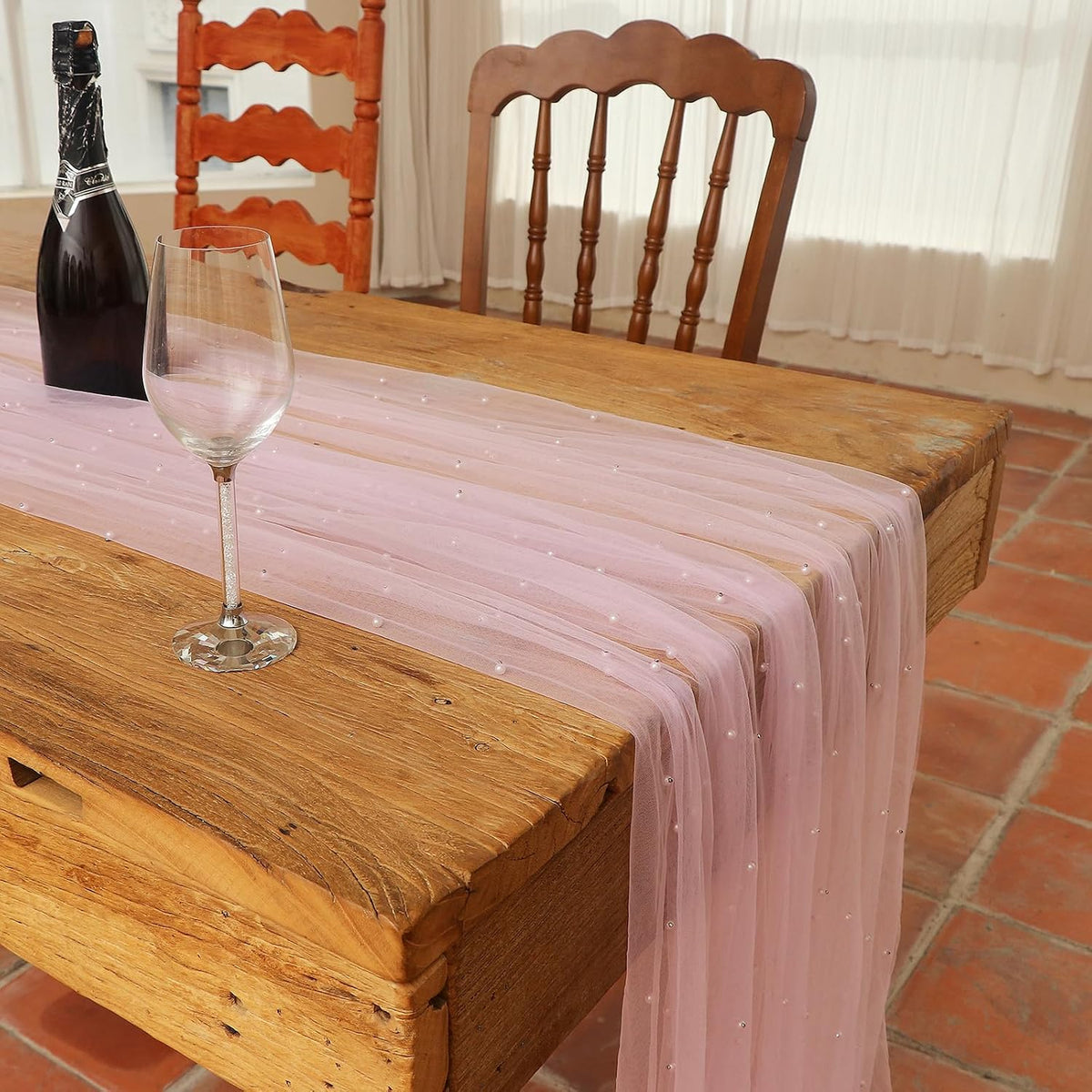 10 ft Pink Pearl Table Runner Tulle Fabric Lace Table Runners for Bridal Shower Birthday Party Wedding Arch Veil Dessert Table Decorations