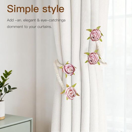 Decorative Rose Curtain Tieback with Artificial Flowers, Pink Roses on White Twisted Rope, Decorative Curtain Accessories, Elegant Window Treatment 4pcs (4)