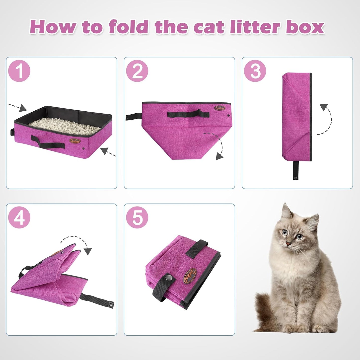 Deblue Portable Cat Travel Litter Box in Car, Collapsible Cat Litter Carrier Waterproof Mobile Litter Box for Outdoor Fit Medium Cats and Kitties, Leak-Proof, Sturdy, Lightweight-Pink