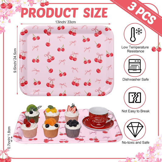 Vesici 3 Pcs Cherry Bow Serving Trays 13 x 10 Inch Pink Bow Cherry Melamine Platters Reusable Rectangular Serving Dishes for Coquette Wedding Baby Shower Birthday Party Sharing Snack Fruit Dessert