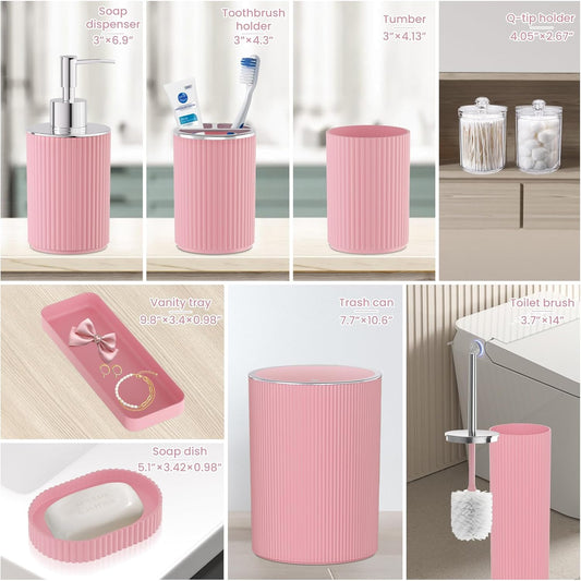 Light Pink Bathroom Accessories Set, 10PC Bathroom Set, Bath Accessory with Pop Up Trash Can, Soap Dispenser, Toilet Brush, Toothbrush Set Qtip Holders & Tray