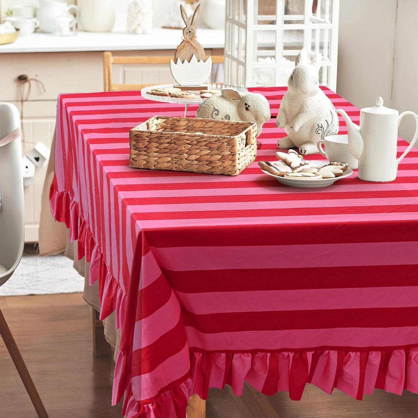 JarThenaAMCS Ruffle Tablecloth Table Cloth Boho Pink Red Striped Rectangle Decorative Table Cover for Home Kitchen Baby Shower Party Wedding Decor, 55 x 70 Inch