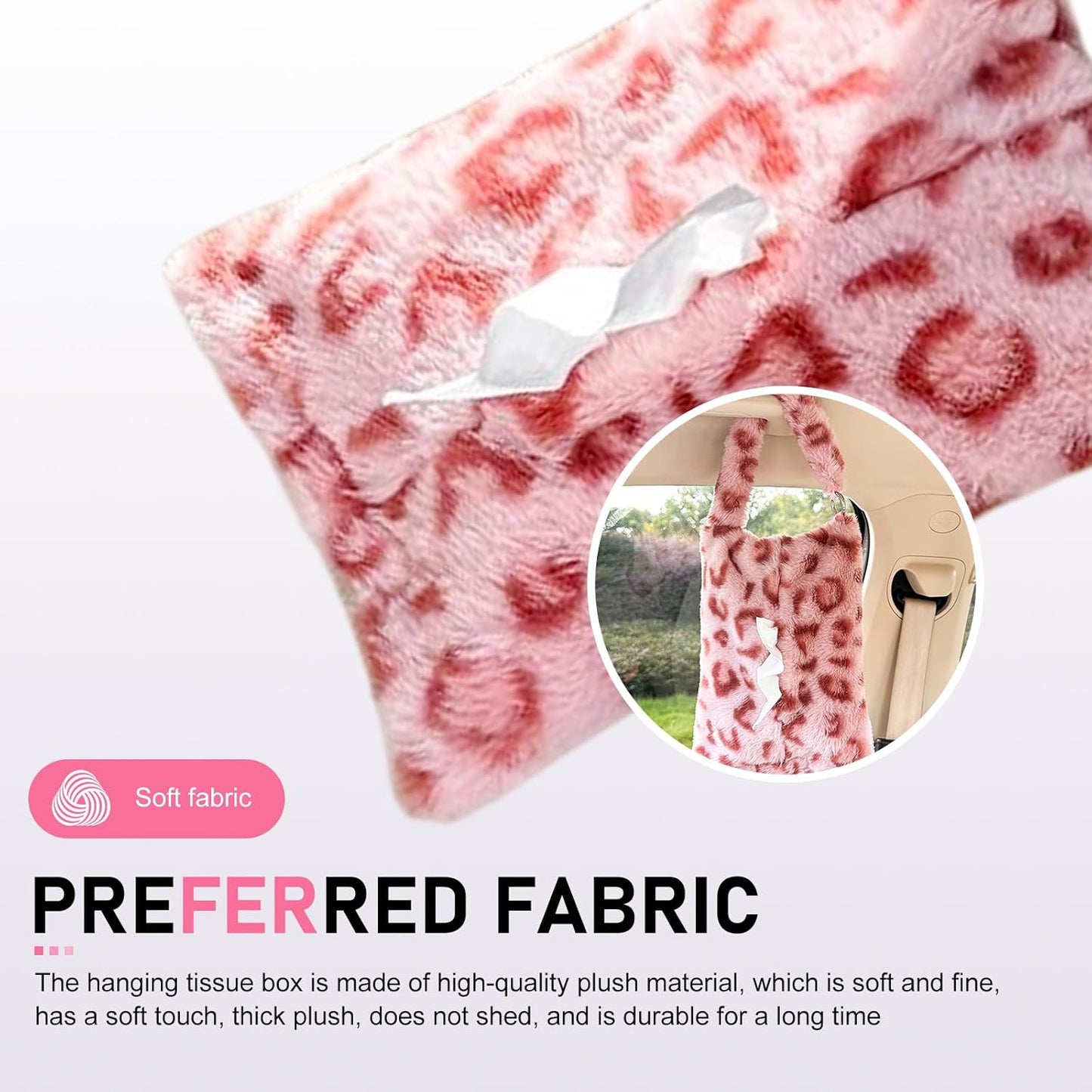 Leopard Print Car Tissue Box, Hanging Cute Plush Car Tissue Holder, Snap-on Design 7.09" x 10.63" Tissues Storage Box, Universal for Most Cars (Pink)