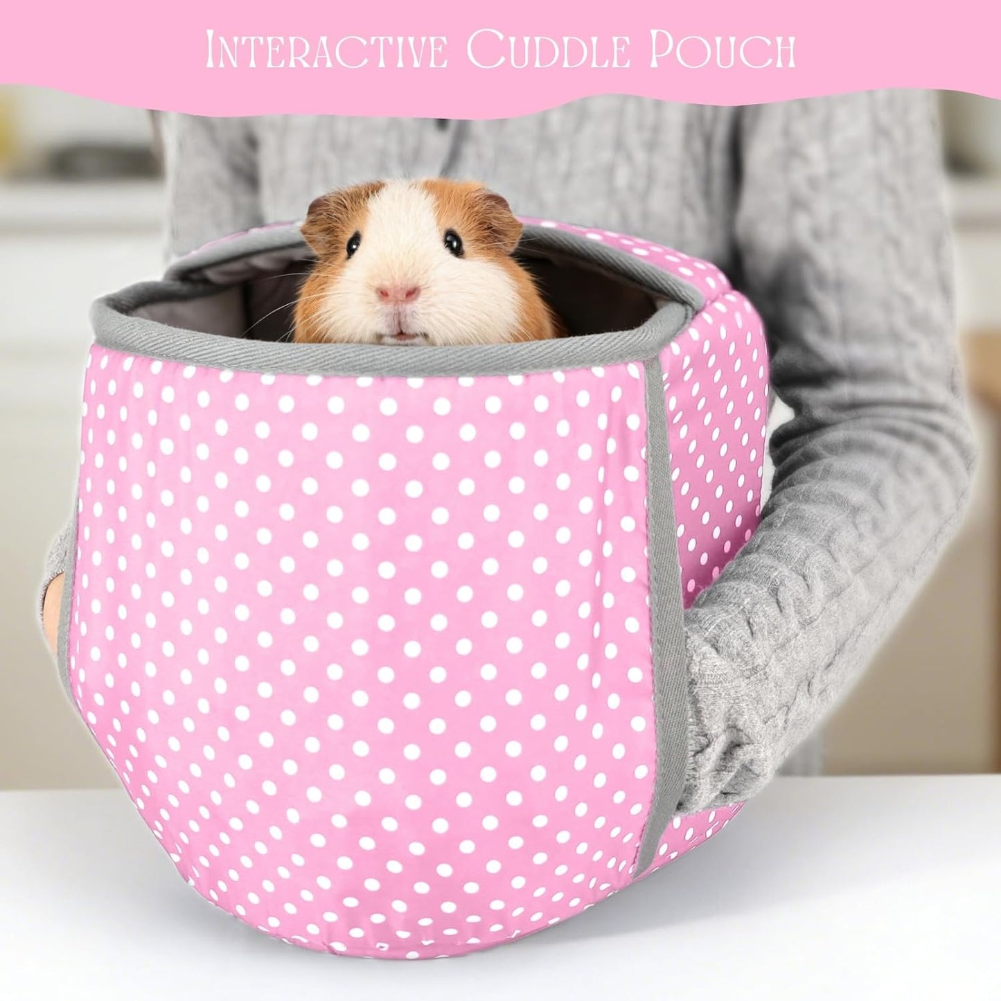 Guinea Pig Hideout with Cuddle Pouch - Washable Dwarf Rabbit Bed, Durable Fabric with Soft Lining - Small Animal Cage Accessories - Pink Dot