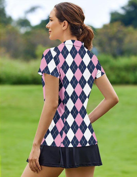 PINSPARK Womens Golf Shirt Short Sleeve Polo Shirts Quick Dry Tennis Tops V-Neck with Collar Pickleball Shirts Golf Outfits