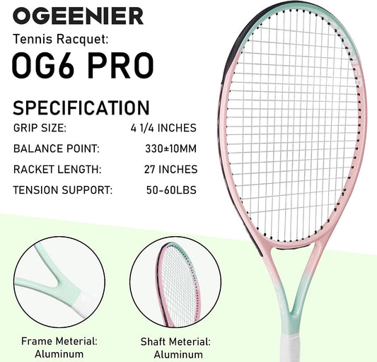 OGEENIER 27" Tennis Racket for Adults, Lightweight Aluminum Frame | 27 Inch, Complete Starter Set with Balls, Grip, and Bag, 280G, 103 SQ. IN., Pre-strung, Beginner-Friendly, Easy to Swing