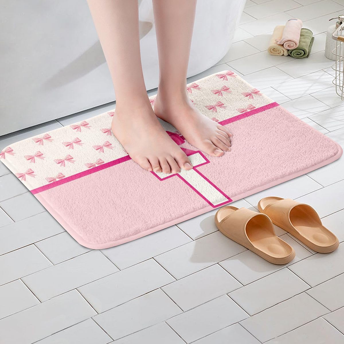 Feelyou Girls Bow Bathroom Rugs Pink Dreamy Princess Bath Mats Initial Letter T Bathroom Accessories Floor Doormats 16"x24" Soft Microfiber