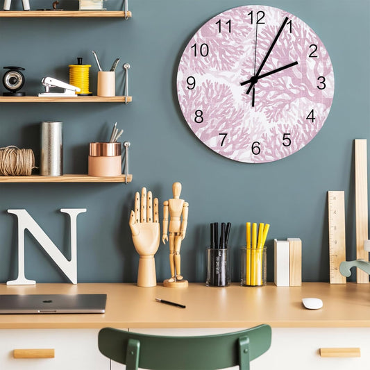 Coral Wall Clock Battery Operated Non-Ticking 10" Round Wood Clocks, Ocean Coral Coastal Pink Vintage Kitchen Wall Clock for School Bathroom Living Room Home Office Wall Decor