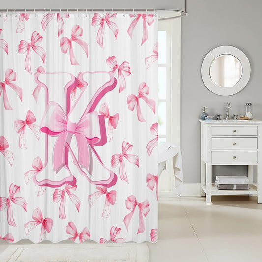 jejeloiu Kids Girls Cute Pink Bow Shower Curtain for Bath72 x72 Monogrammed Bath Curtain Personalized Initial K Waterproof Polyester Fabric Coquette Bow Knot Bathroom Accessories Modern Fashion