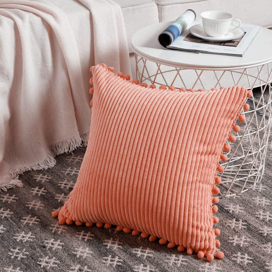 Fancy Homi Pack of 2 Coral Decorative Throw Pillow Covers 18x18 Inch with Pom-poms for Living Room Couch Bedroom, Soft Corduroy Peach Solid Square Cushion Case 45x45 cm, Rustic Farmhouse Home Decor