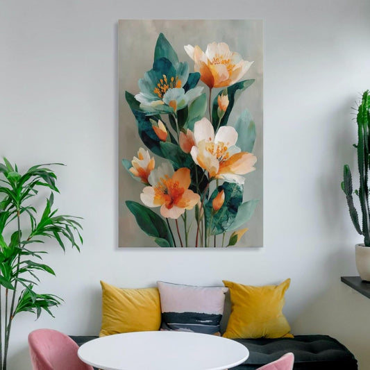 Floral Wall Art Framed Canvas - Abstract Watercolor Botanical Wall Art Print, Peach Orange Teal, Spring Flower Bouquet Decor for Living Room Bedroom Home, 20x30 Inch