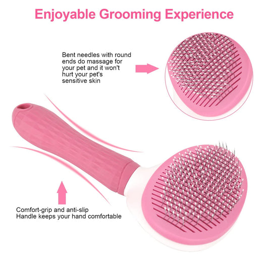 Self Cleaning Slicker Brush, Dog Cat Bunny Pet Grooming Shedding Brush - Easy to Remove Loose Undercoat, Pet Massaging Tool Suitable for Pets with Long or Short Hair Pink