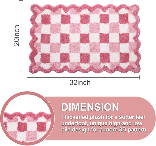 ORTIGIA Cute Pink Checkered Scalloped Bath Mat, Fun Plush Microfiber Bathroom Rugs Non Slip Washable Quick Dry Absorbent, Bath Rug Carpet for Shower Stall Vanities Kitchen Floor Entrance, 20x32