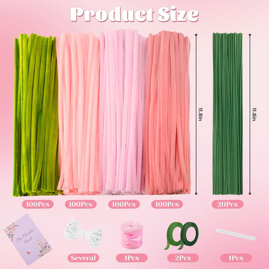 400 Pcs Pipe Cleaners Craft Set, 4 Assorted Pink Pipe Cleaners Flower Kit, 7MM Fluffy Chenille Stems for DIY Flower Making Kit with Floral Stems, Gardening Tape, Stamen for DIY Gift Decorations(Pink)