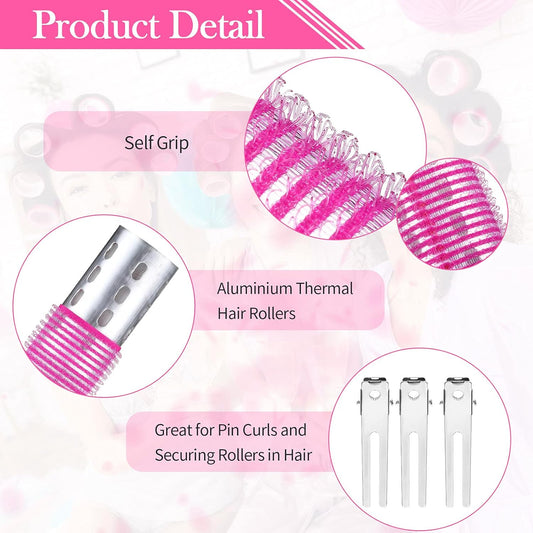 37 Pcs Aluminum Thermal Hair Rollers Set 3 Sizes Self Grip Hair Rollers 18 Pcs Duckbill Clips, Comb Hairdressing Styling Tool for Women, Men(1.1,Pink Series)
