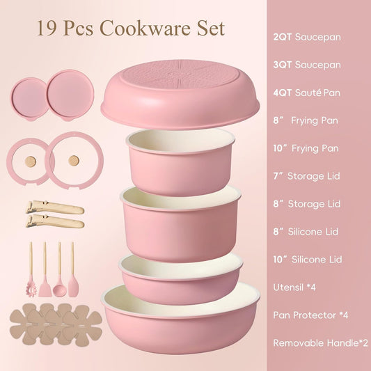CAROTE Pots and Pans Set, Nonstick Cookware Set Detachable Handle, 19pcs Induction Kitchen Cookware Sets Non Stick with Removable Handle, RV Cookware Set, Oven Safe, Pink