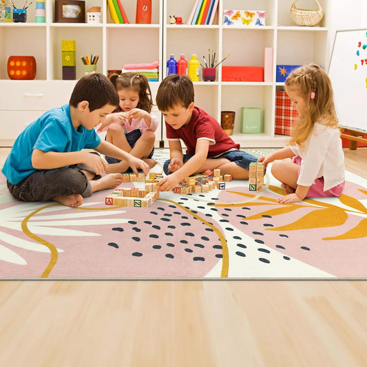 Capslpad Area Rugs 5x7, Washable Nursery Rug, Low Pile Soft Non-Shedding Playroom Carpet, Botanical Print Pink Rugs for Bedroom, Classroom, Living Room
