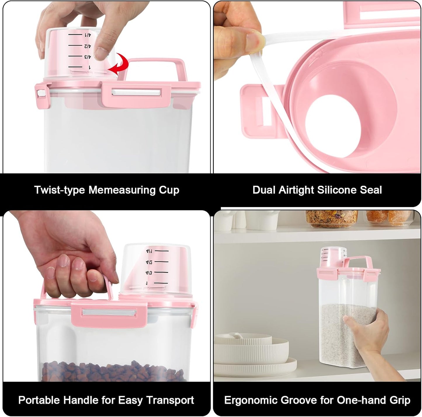 TBMAXS 2 Pack 3 Lbs Dog Cat Food Storage Containers for Travel, Portable Pet Food Storage Container, Easy-Pouring Bird Seed Dispenser, Airtight Rice Cereal Oatmeal Flour Holder -Pink