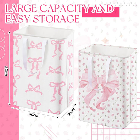 Reallnaive 2 Pack Pink Bow Large Laundry Baskets, Bow Laundry Hamper with Handle, Pink Waterproof Canvas Fabric Lightweight Storage Basket, Bathroom Decor, Collapsible Clothes Hamper in Room