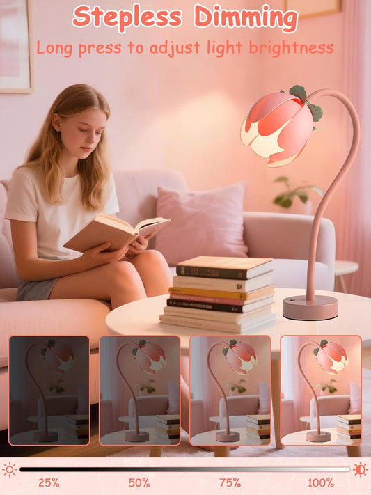 Flower Table Lamp,LED Bedside Reading Lamps Vintage Floral Night Light,3 Color Temperature Infinitely Dimmable Gooseneck Nightstand Lights Living Room Bedroom Lighting Desk Lamp Cute Home Decor(Pink)