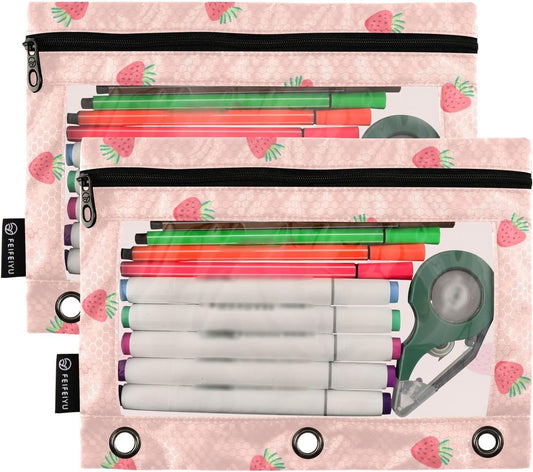Fustylead Pink Strawberry Pencil Pouch Fits Standard 3-Ring Binders, Zipper Binder Pencil Bag with Clear Window for Office School Class Students 2 Pack