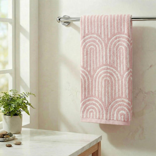 Artoid Mode 1 Pc Beige Pink Arched Stripes Jacquard Hand Towels for Bathroom, 100% Cotton Soft Absorbent Bathroom Decor Towels, 13.7 x 29.5 Inch