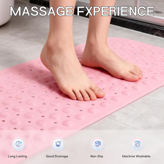 Anti-Slip Bathtub Shower mat, 40×16 inch( 100 × 40cm) Soft Oversized Machine Washable Non-Slip Bathtub mat with Drainage Holes, Bathroom Floor Suction Cup.(1-Opaque Pink)