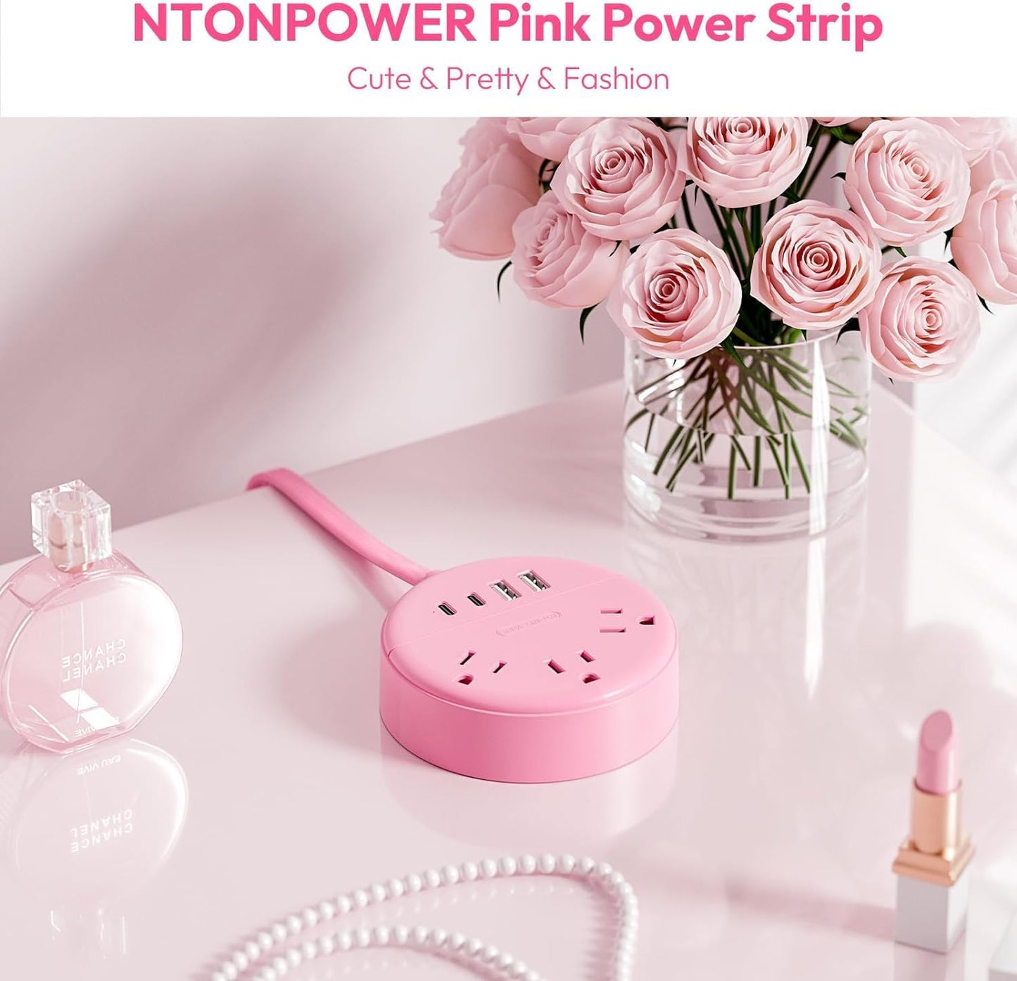 Pink 2 Prong Power Strip with USB-C, NTONPOWER 1875W/15A 2 Prong to 3 Prong Outlet Adapter, Rotating Plug,Pink Extension Cord 5 FT,3 Outlets 4 USB Port, Ideal for Old House, Vanity Desk, Office,Travel