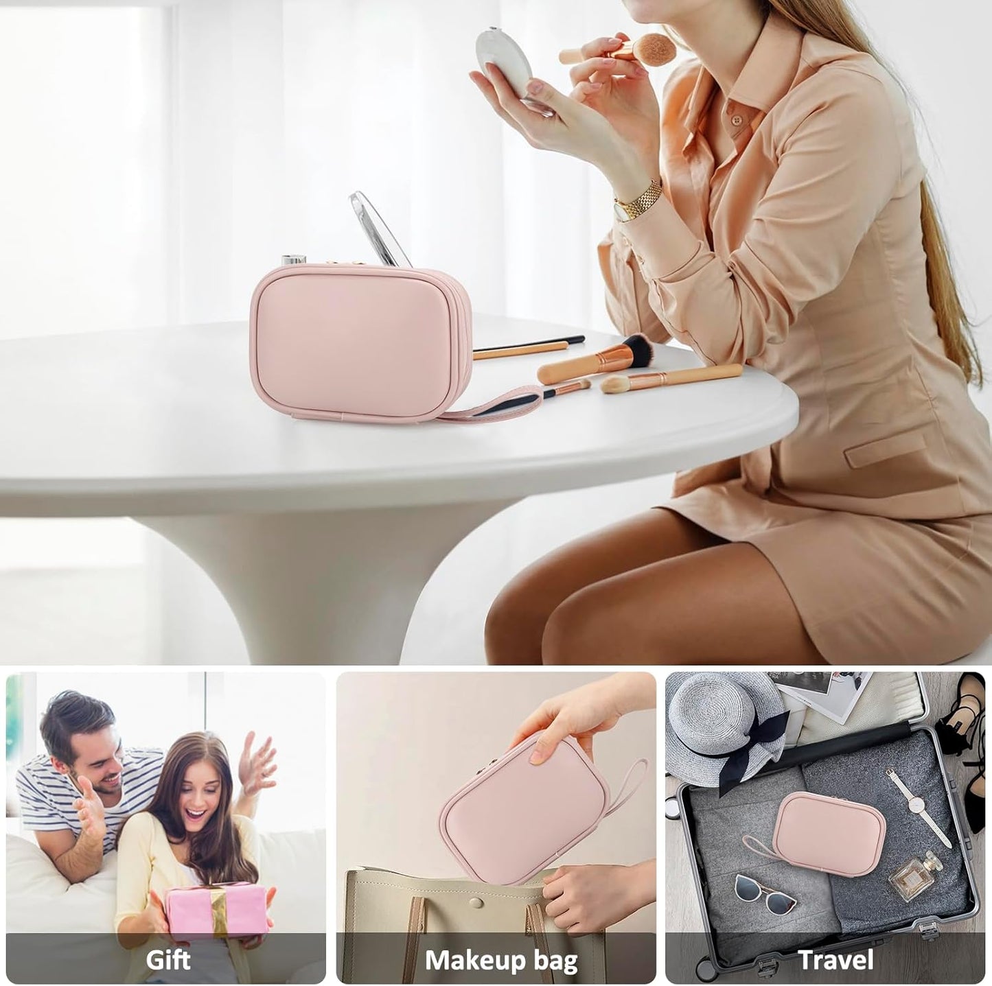 E-Tree PU Leather Makeup Bag for Women – Double Zipper Travel Cosmetic Bag Organizer, Waterproof Small Toiletry Pouch for Girls, Skincare & Accessories, Cute Pink Makeup Case with Wrist Strap