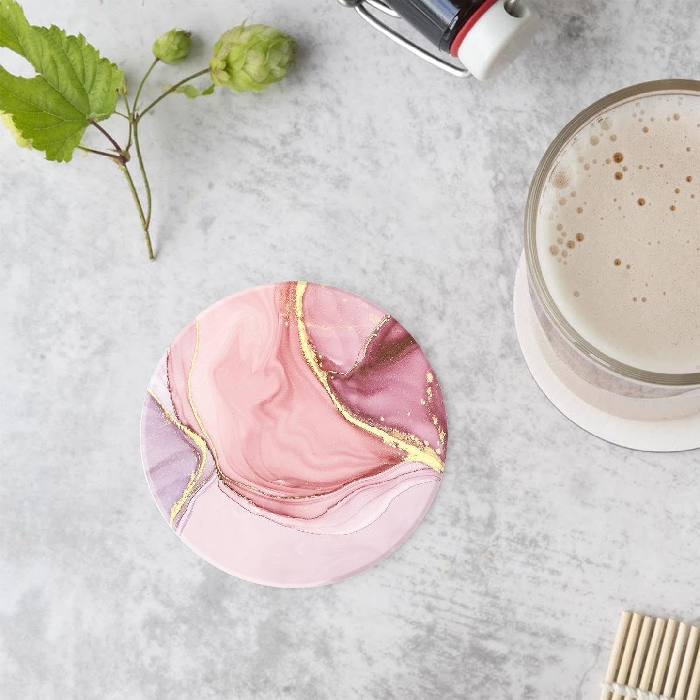 Drink Coasters Set of 4 with Holder Round Water Absorbent Pink Cute Marble Ceramic Coasters Tabletop Protection, Suitable for Various Mugs, Home Decor,Housewarming Gift, 4 Inch