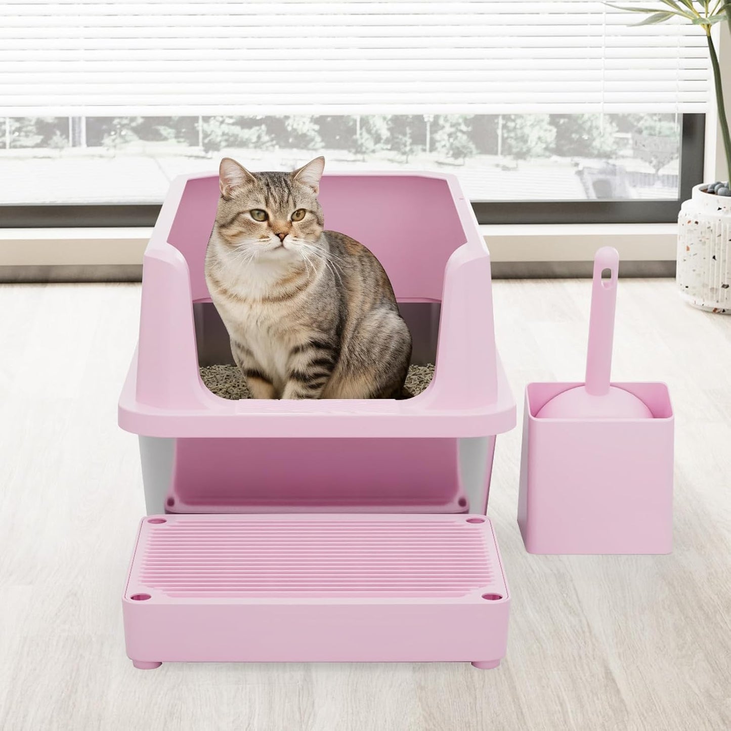 RIZZARI Pink Open-Top Cat Litter Box with Stainless Steel Pan - Extra-Large, Non-Porous & Easy Clean, High Sides Anti-Scatter, Includes Scoop, for Apartment Bathroom or Laundry Room