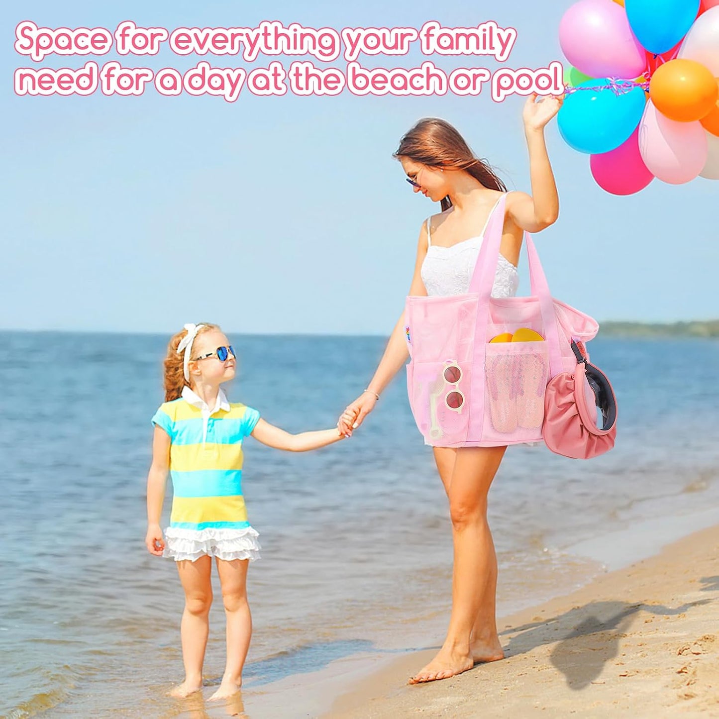 Tagitary Mesh Beach Bag with Zipper Large Beach Tote Waterproof Sandproof with 8 Pockets for Toys Pool Bag Beach Accessories