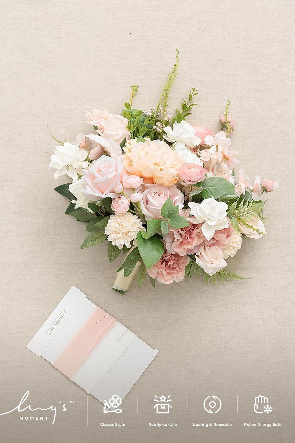 Ling's moment Blush Pink Wedding Bouquets for Bride, Blush and Cream Bridal Bouquets for Bride, 15 Inch Free Form Artificial Wedding Flower Bouquet