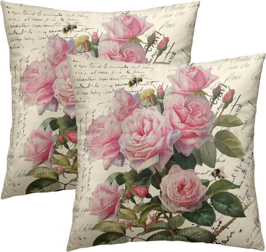Vintage Rose Flower Pillow Covers Set of 2, 18"x18" Pink Blooming Floral Bee Decorative Throw Pillowcases, Retro Cotton Square Cushion Cover for Sofa Couch Patio Indoor Outdoor