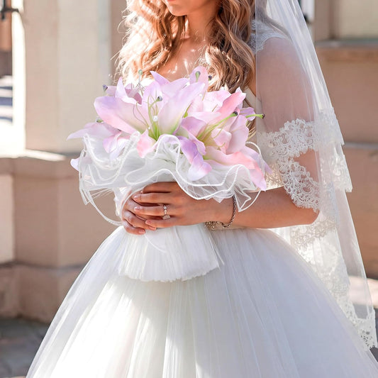 Tigeen Artificial Wedding Bouquet for Bride Faux Pink Purple Lily Bridal Flower with Ribbon, Fake Flower Bridesmaid Holding Bouquet for Wedding Ceremony Anniversary Party Table Vase Centerpiece Decor