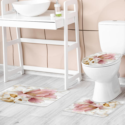 Riyidecor Marble Floral Pink Gold 4Pcs Bathroom Shower Curtain Sets Modern Flower Abstract Bathroom Decor Set with Rugs and Accessories Minimalist Toilet Lid Rug, Contour and Bath Mat with 12 Hooks
