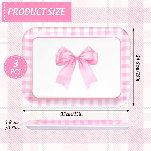 JarThenaAMCS 3Pcs Pink Bow Serving Trays 13 x 10 Inch Watercolor Ribbon Bow Knot Reusable Platter Pink White Plaid Serving Dishes for Coquette Birthday Wedding Baby Shower Party Decor