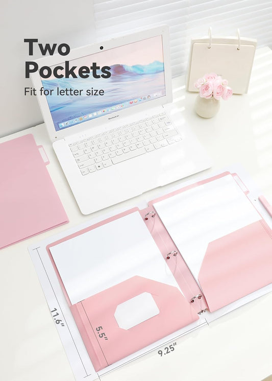SortRax Plastic Folders with Pockets 3 Hole Punched, 6 Pack Pink Pocket Folders for 3 Ring Binder, Unique 1/3 Cut Tabs with Colorful Labels, School Folders, Letter Size